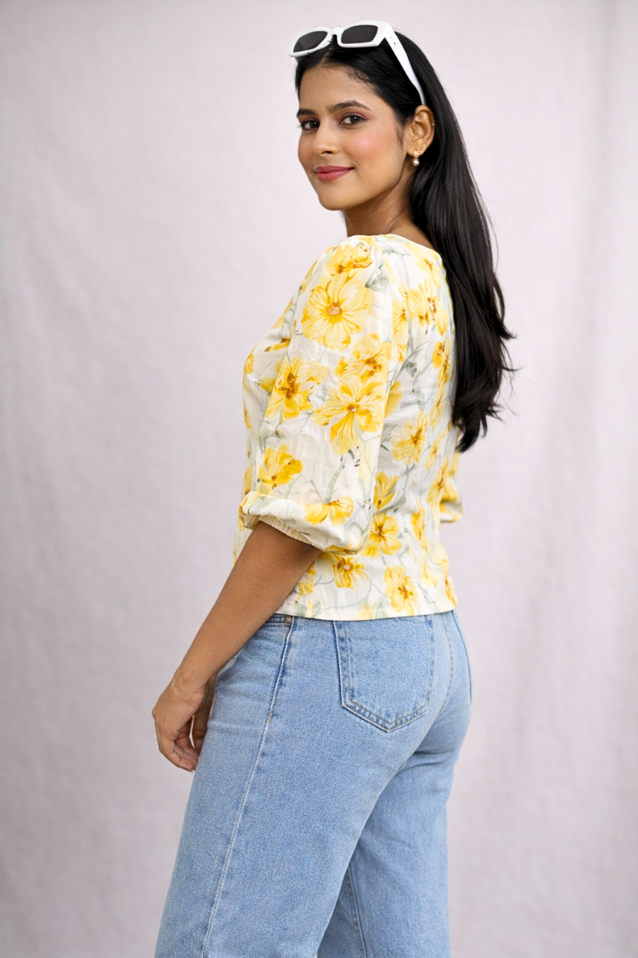 Yellow Floral Printed Puff Sleeve Cotton Top for Women