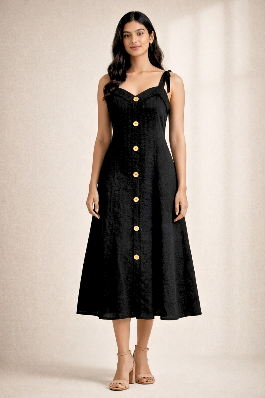Elegant Black Button-Down Midi Dress for Women