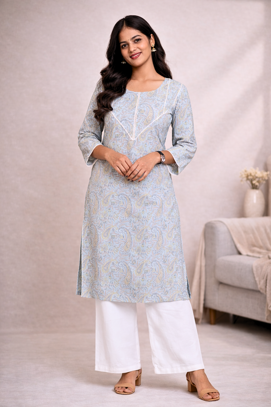 Women’s Light Blue Printed Straight Long Kurti