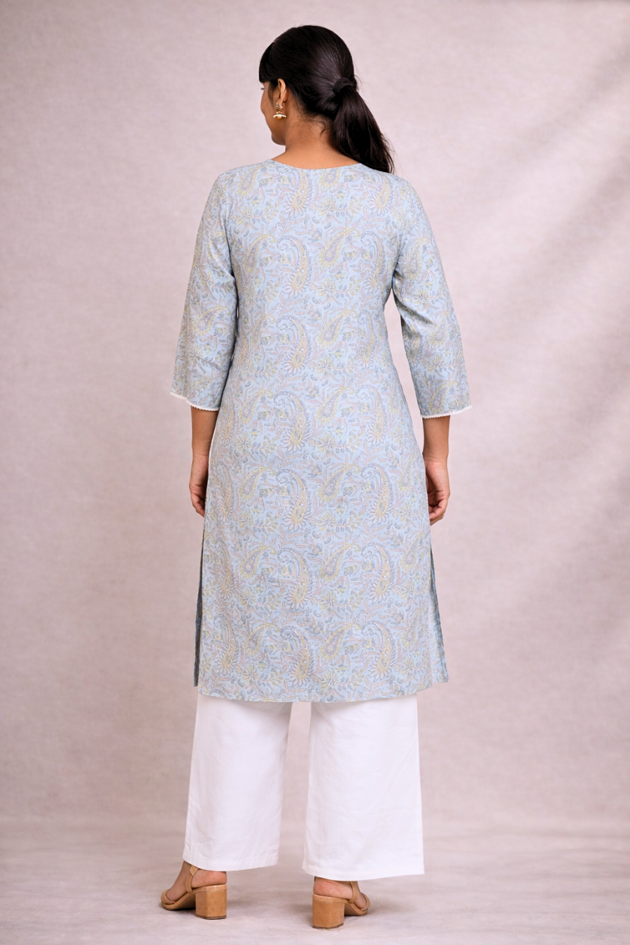 Women’s Light Blue Printed Straight Long Kurti