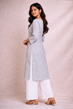 Women’s Light Blue Printed Straight Long Kurti