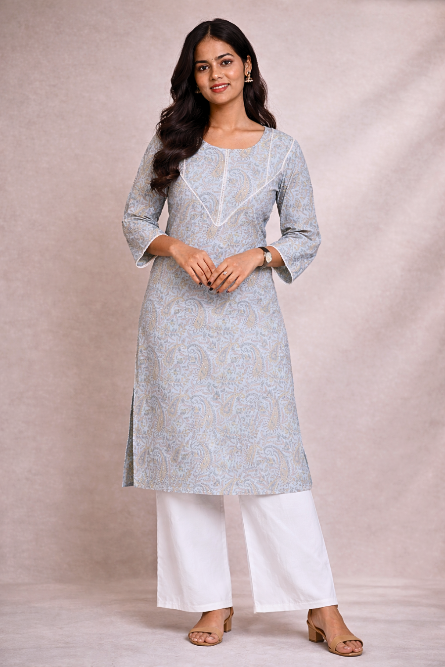 Women’s Light Blue Printed Straight Long Kurti