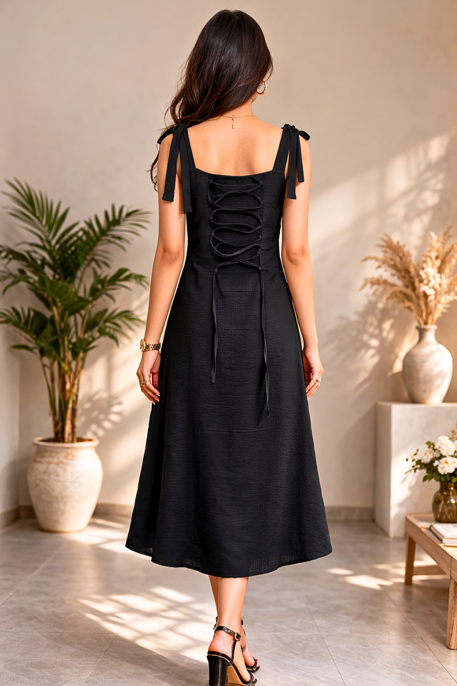 Elegant Black Button-Down Midi Dress for Women