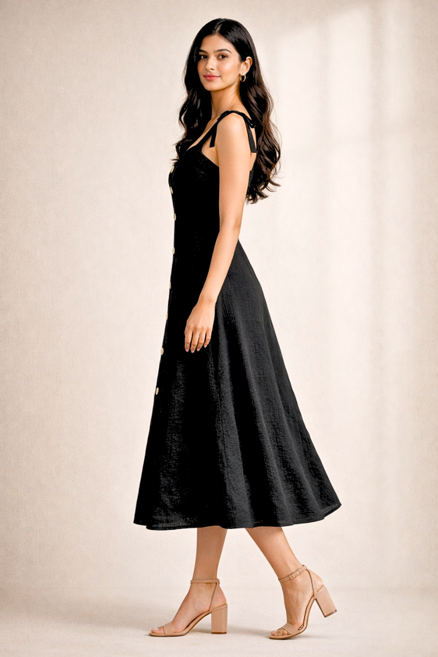Elegant Black Button-Down Midi Dress for Women