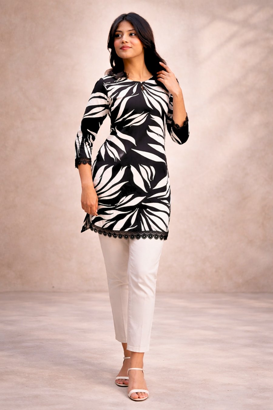 Black & White Leaf Print Cotton Kurti for Women