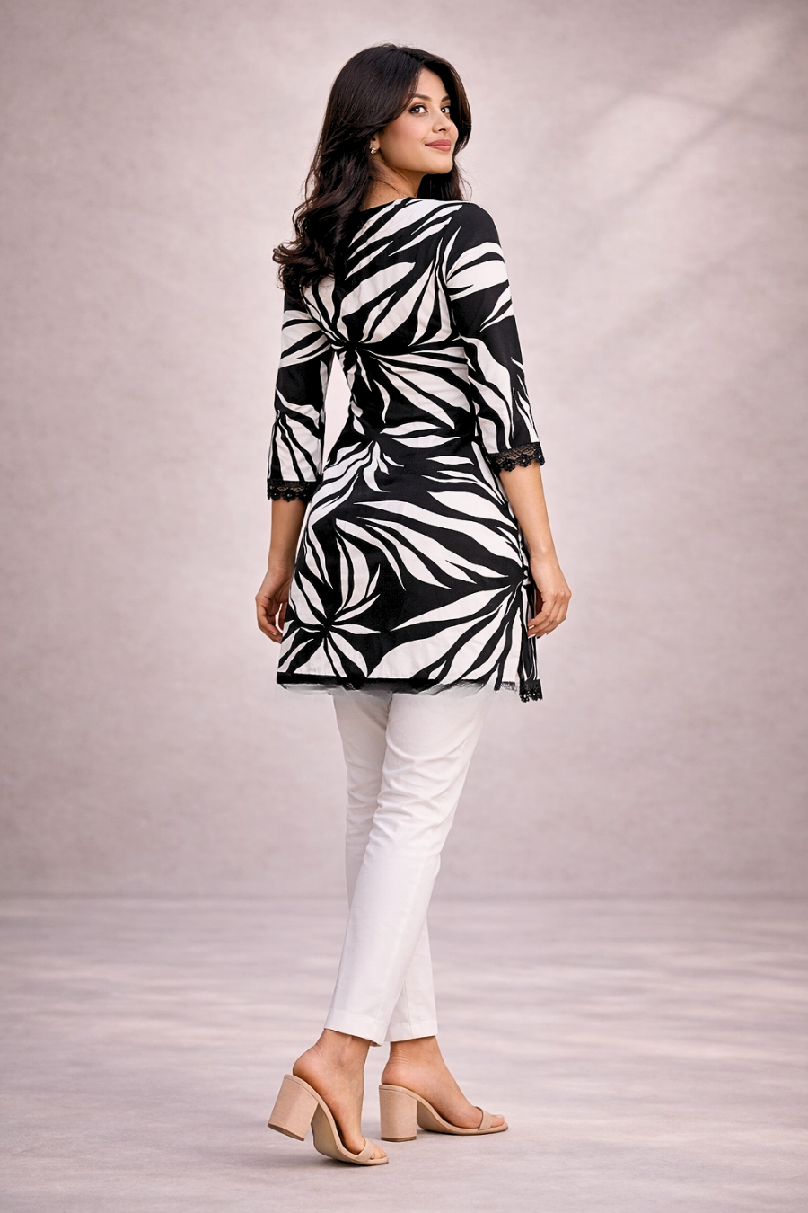 Black & White Leaf Print Cotton Kurti for Women