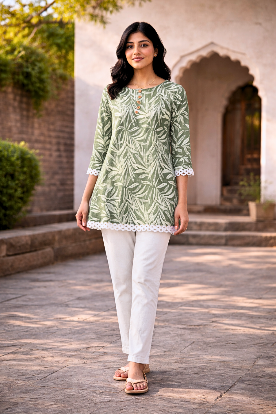 Green Leaf Print Cotton Kurti for Women