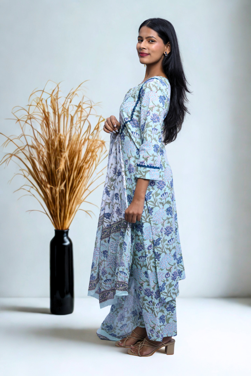 Light Blue Floral Cotton Kurta & Dupatta Set