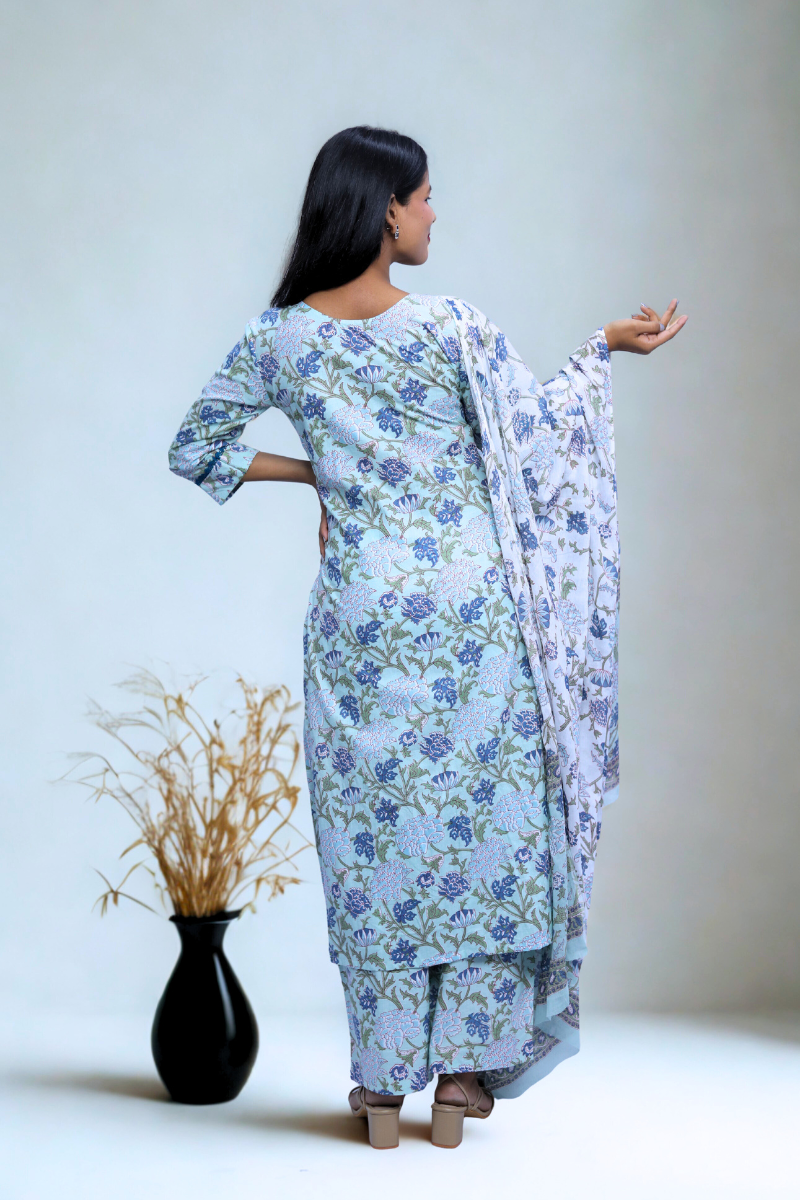 Light Blue Floral Cotton Kurta & Dupatta Set
