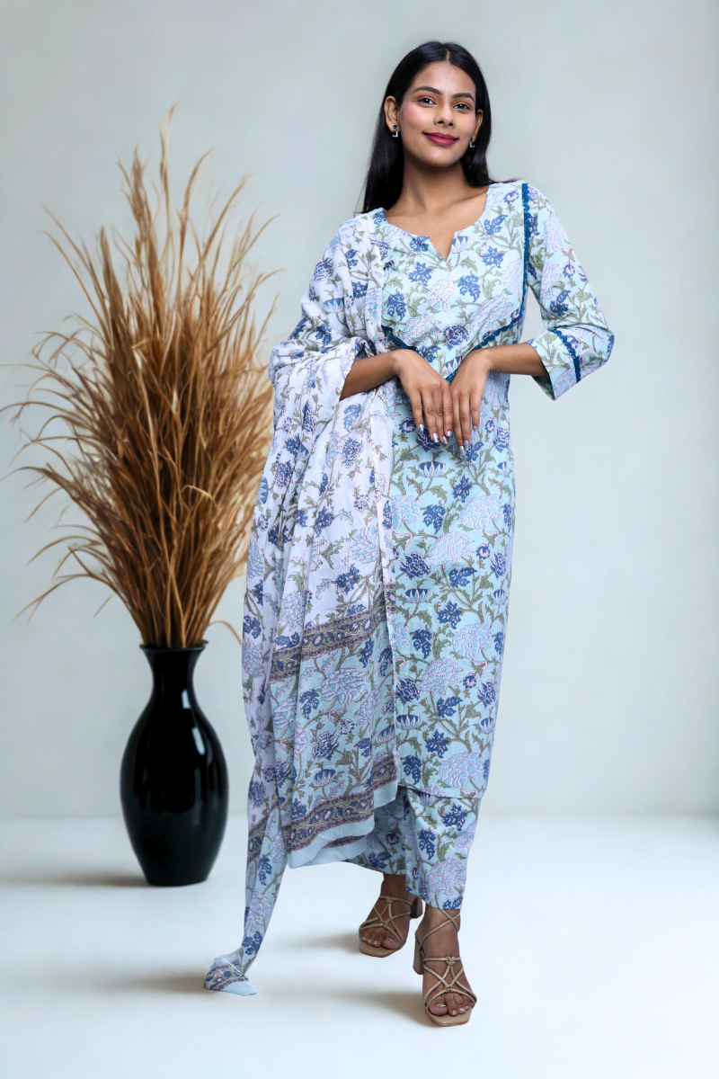 Light Blue Floral Cotton Kurta & Dupatta Set