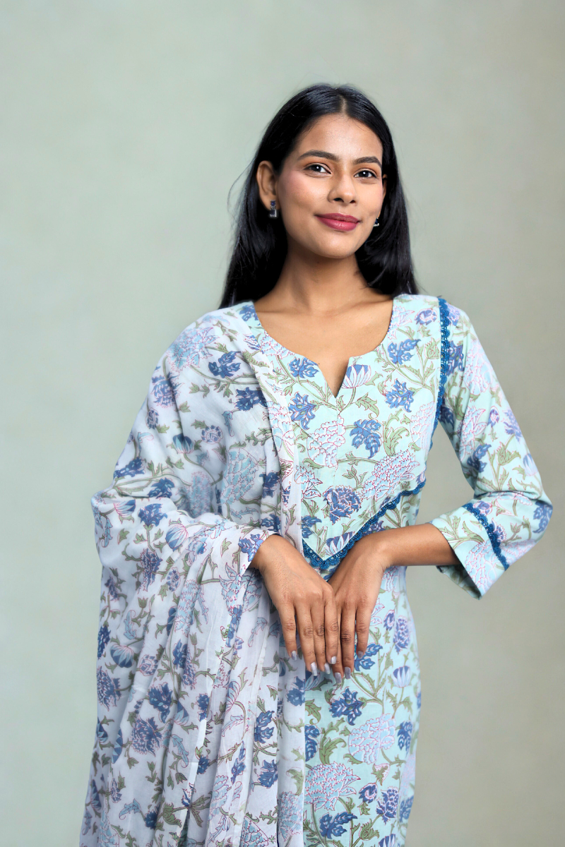 Light Blue Floral Cotton Kurta & Dupatta Set