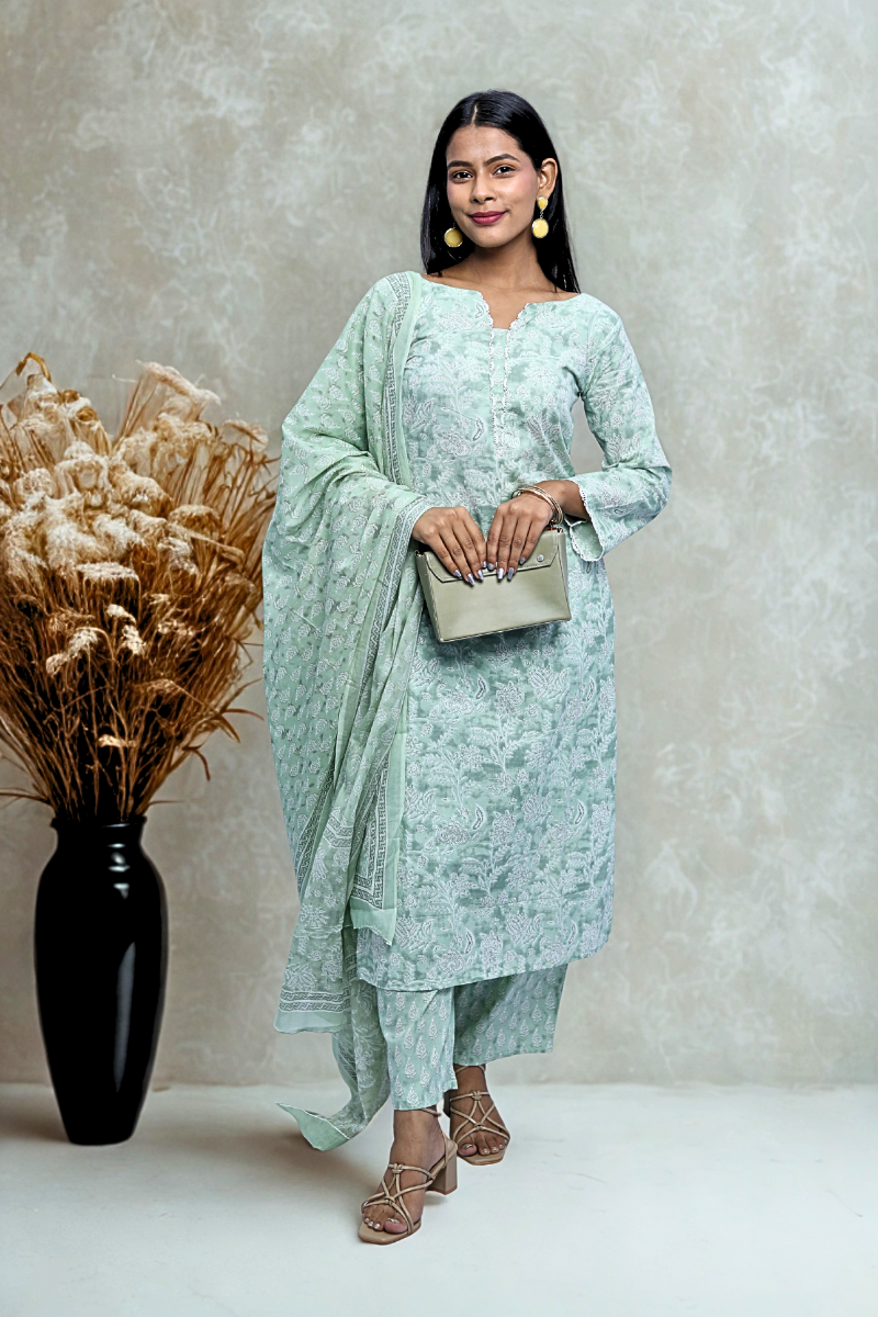 Sage Green Ethnic Printed Cotton Suit Set