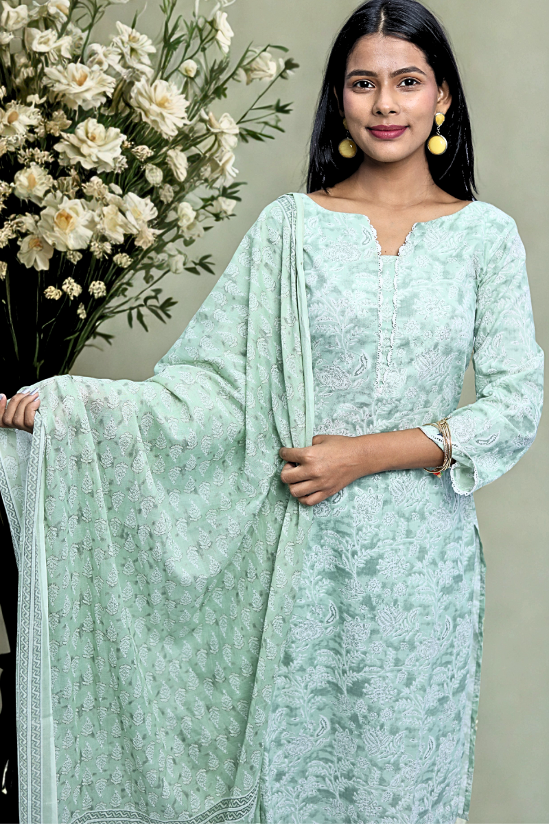 Sage Green Ethnic Printed Cotton Suit Set