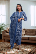 Navy Blue Floral Cotton Kurta & Dupatta Set