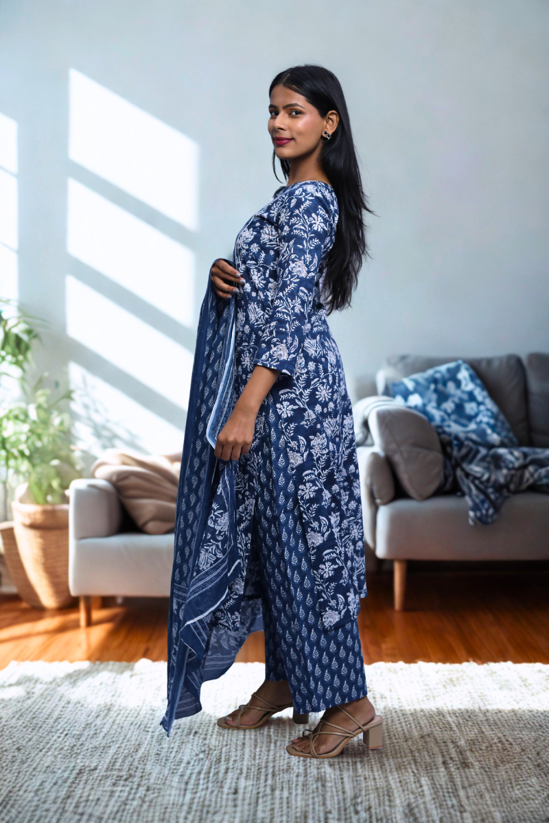 Navy Blue Floral Cotton Kurta & Dupatta Set