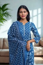 Navy Blue Floral Cotton Kurta & Dupatta Set