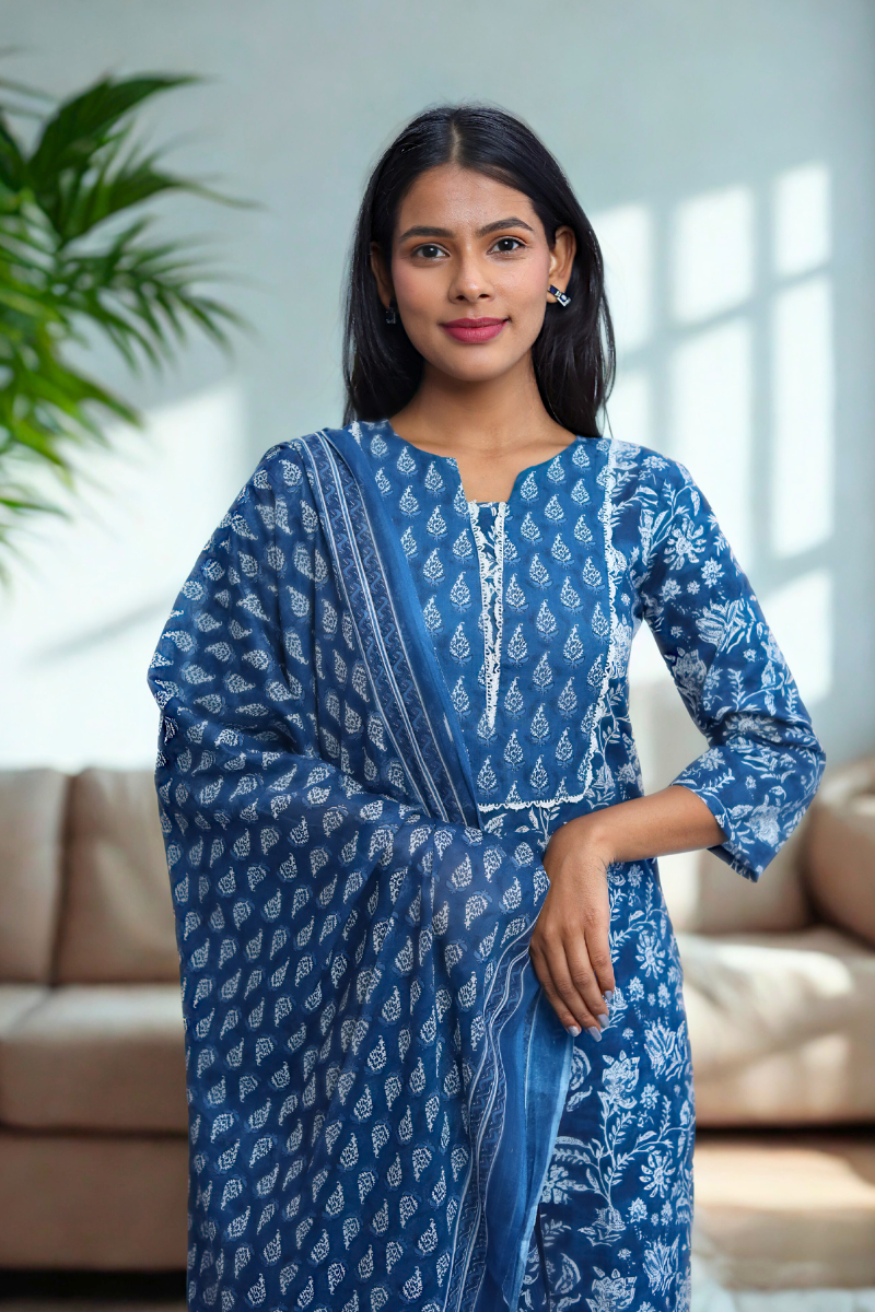 Navy Blue Floral Cotton Kurta & Dupatta Set