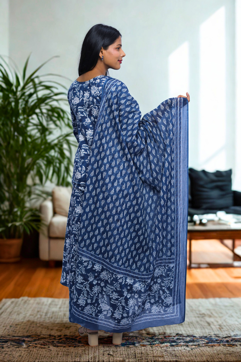 Navy Blue Floral Cotton Kurta & Dupatta Set